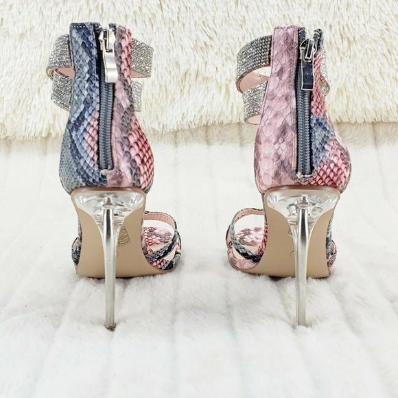 Pink Snake Print Rhinestone Double Ankle Strap Closed Back High Heel Shoes - Picture 9 of 12